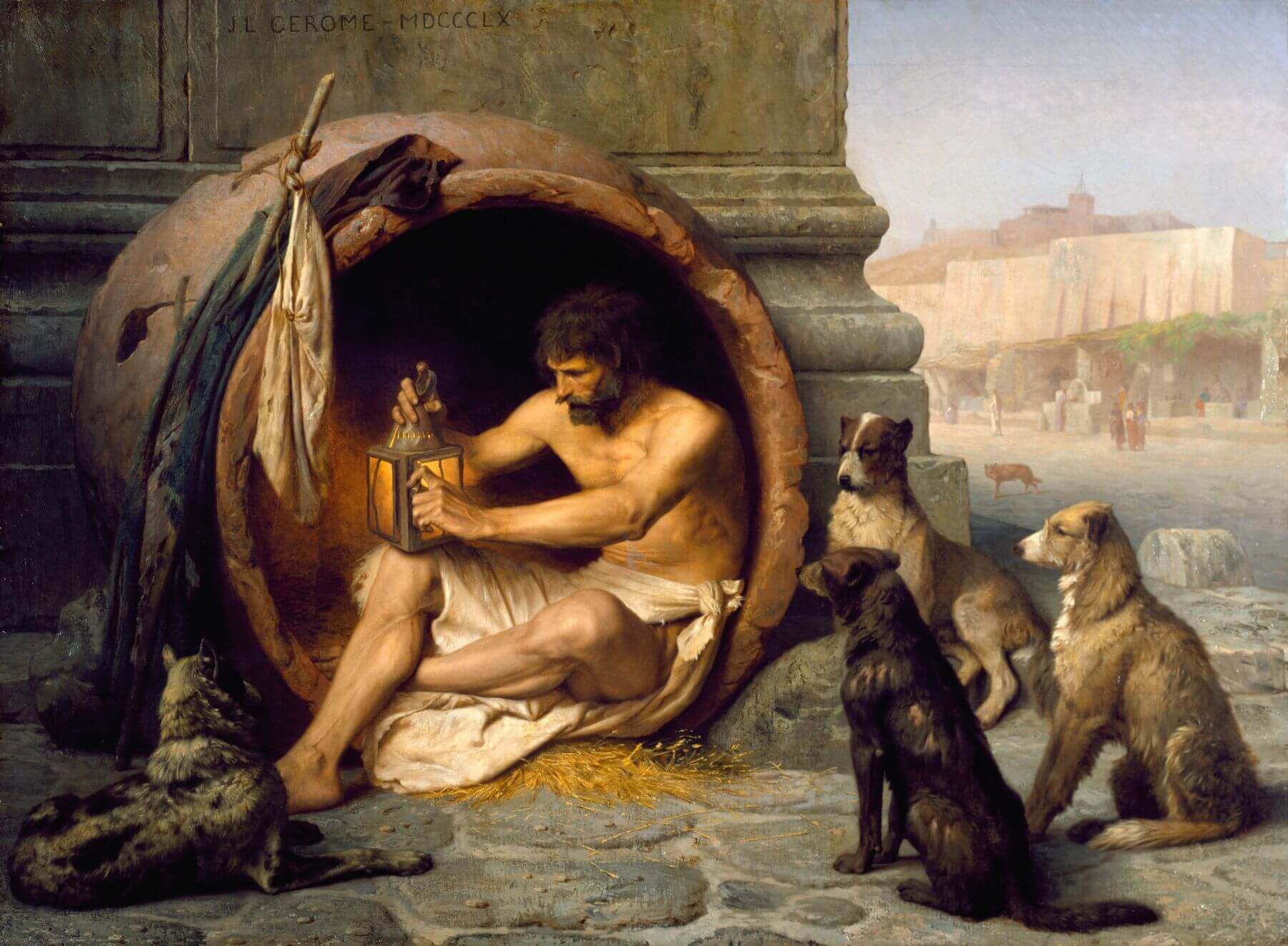 Painting of Diogenes in a pithos surrounded by dogs